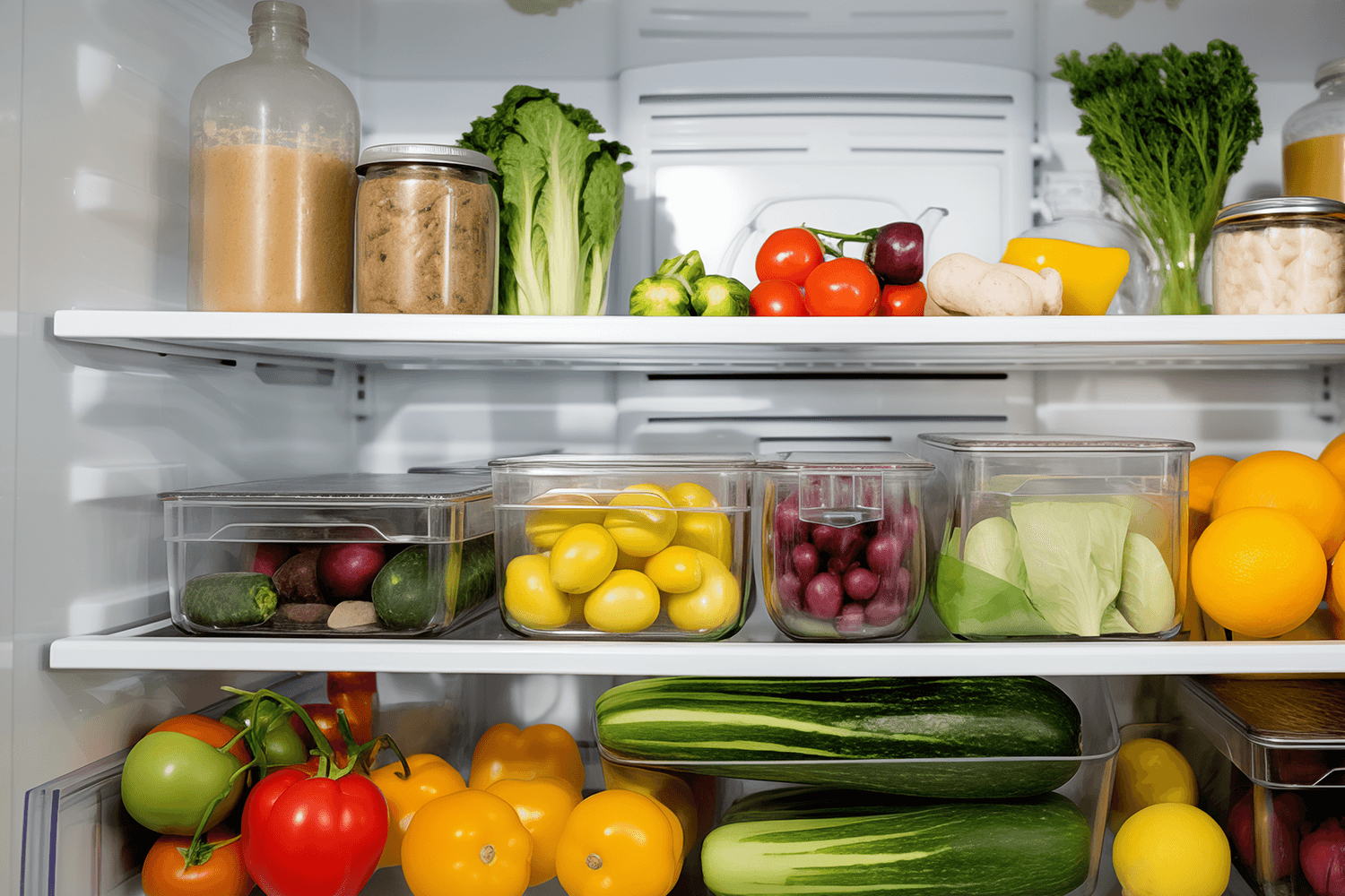 Frukt och grönsaker i en kyl.