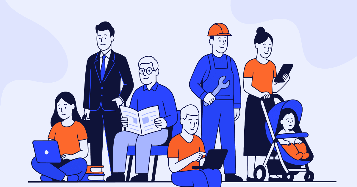 Illustration av olika typer av personer som alla har olika sysselsättningar, från studenter till pensionärer.