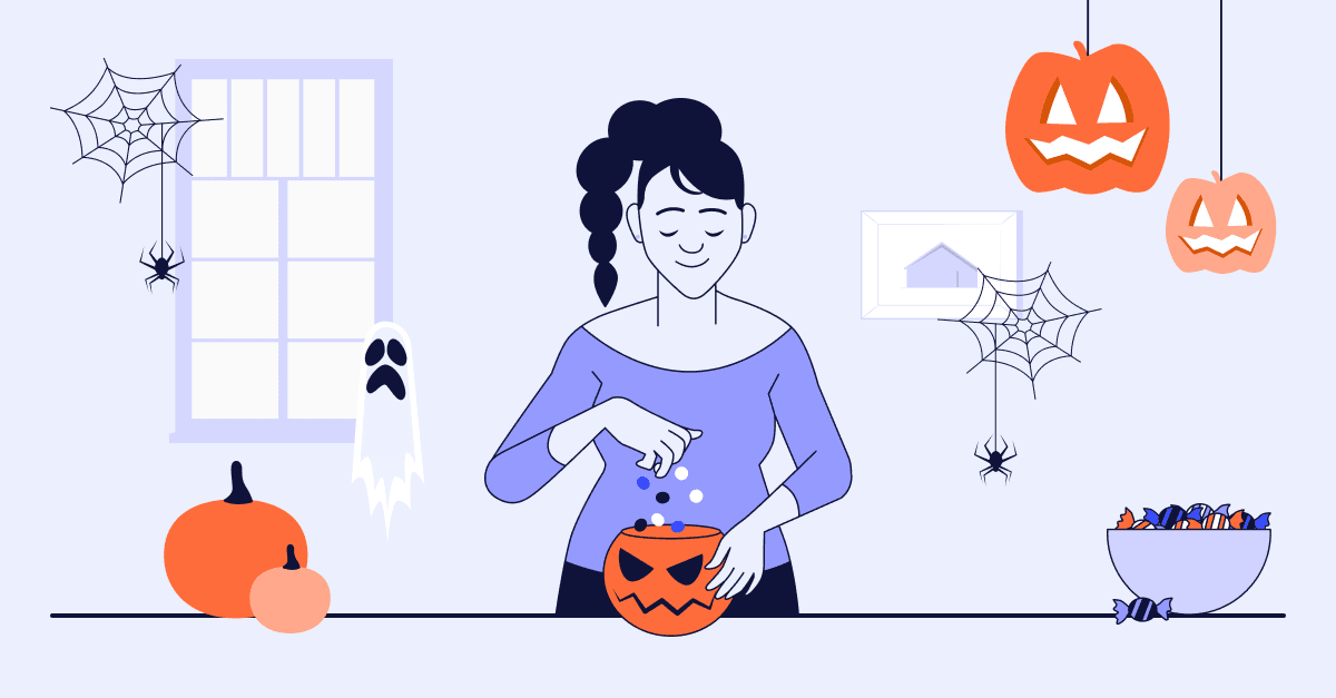 Illustration på en kvinna som inreder hemmet inför halloween.