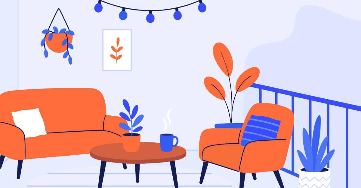 En illustration på en balkong som är möblerad inför sommaren.