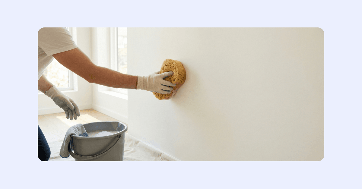 Rengöring av väggen med en svamp inför målning.